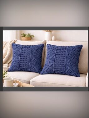 Filled Handcrafted Cable Knit Throw Pillows - Deep Blue (Set of 2)